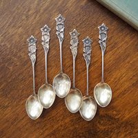 Set of six small vintage teaspoons | Vintage alpacca silver coffee spoons | Matching spoons | Floral teaspoon set | Vintage alpacca spoons