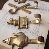 Vintage brass wall hooks | Set of four brass wall hooks | Small brass wall hooks | Kitchen wall hooks | Mismatched brass wall hooks