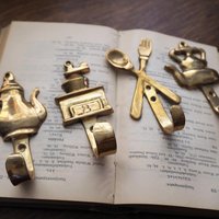 Vintage brass wall hooks | Set of four brass wall hooks | Small brass wall hooks | Kitchen wall hooks | Mismatched brass wall hooks
