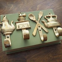Vintage brass wall hooks | Set of four brass wall hooks | Small brass wall hooks | Kitchen wall hooks | Mismatched brass wall hooks