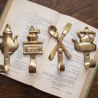 Vintage brass wall hooks | Set of four brass wall hooks | Small brass wall hooks | Kitchen wall hooks | Mismatched brass wall hooks