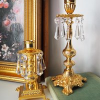 Vintage candlestick holders | Gold plated crystal candlestick holders | Mismatched vintage candlestick holders | Crystal candlestick holder