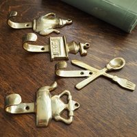 Vintage brass wall hooks | Set of four brass wall hooks | Small brass wall hooks | Kitchen wall hooks | Mismatched brass wall hooks