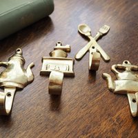 Vintage brass wall hooks | Set of four brass wall hooks | Small brass wall hooks | Kitchen wall hooks | Mismatched brass wall hooks
