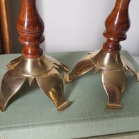 Pair of vintage candlestick holders | Brass and wood candlesticks | Vintage brass and wood candlestick holders