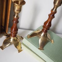 Pair of vintage candlestick holders | Brass and wood candlesticks | Vintage brass and wood candlestick holders