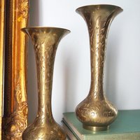 Set of two vintage brass vases | Small brass vases | Vintage bud vase | Vintage single flower vases | Etched brass vases | Brass home decor