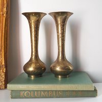 Set of two vintage brass vases | Small brass vases | Vintage bud vase | Vintage single flower vases | Etched brass vases | Brass home decor