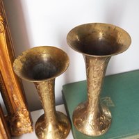 Set of two vintage brass vases | Small brass vases | Vintage bud vase | Vintage single flower vases | Etched brass vases | Brass home decor