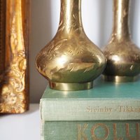 Set of two vintage brass vases | Small brass vases | Vintage bud vase | Vintage single flower vases | Etched brass vases | Brass home decor