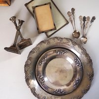 Vintage silver plated home decor set | Alpacca silver spoons and plates | Vintage home accessories | Candlestick holders and photo frames