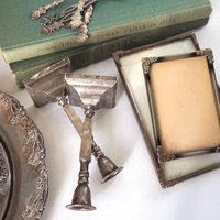 Vintage silver plated home decor set | Alpacca silver spoons and plates | Vintage home accessories | Candlestick holders and photo frames