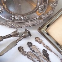 Vintage silver plated home decor set | Alpacca silver spoons and plates | Vintage home accessories | Candlestick holders and photo frames