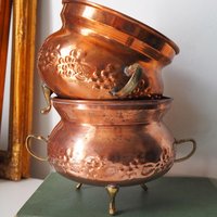 Set of two vintage copper planters | Matching copper planters | Round copper planters | Vintage planters with handles