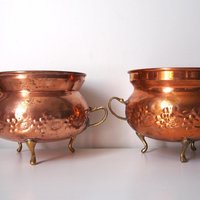 Set of two vintage copper planters | Matching copper planters | Round copper planters | Vintage planters with handles
