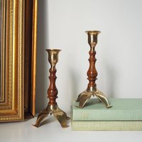 Pair of vintage candlestick holders | Brass and wood candlesticks | Vintage brass and wood candlestick holders
