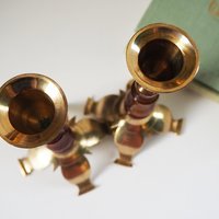 Pair of vintage candlestick holders | Brass and wood candlesticks | Vintage brass and wood candlestick holders