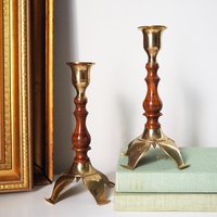 Pair of vintage candlestick holders | Brass and wood candlesticks | Vintage brass and wood candlestick holders