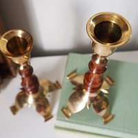 Pair of vintage candlestick holders | Brass and wood candlesticks | Vintage brass and wood candlestick holders