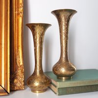 Set of two vintage brass vases | Small brass vases | Vintage bud vase | Vintage single flower vases | Etched brass vases | Brass home decor