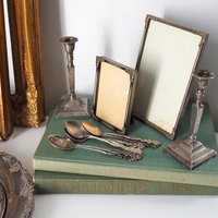 Vintage silver plated home decor set | Alpacca silver spoons and plates | Vintage home accessories | Candlestick holders and photo frames