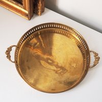Vintage brass tray | Small brass tray with handles | Round brass tray | Round vintage brass tray with handles | Brass serving tray
