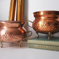 Set of two vintage copper planters | Matching copper planters | Round copper planters | Vintage planters with handles