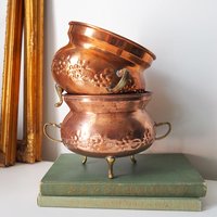 Set of two vintage copper planters | Matching copper planters | Round copper planters | Vintage planters with handles