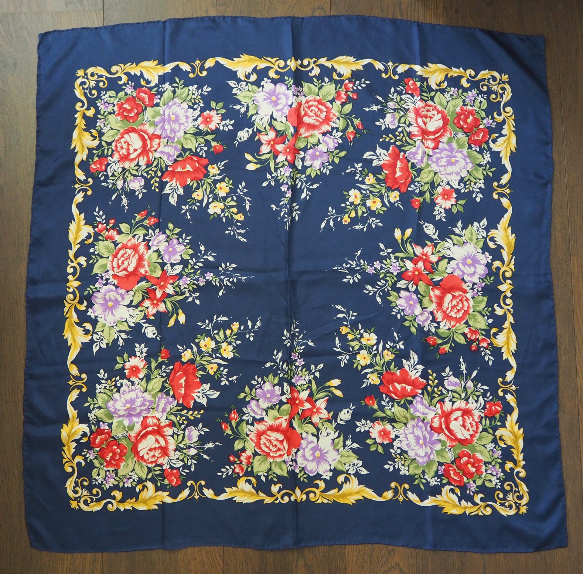 Vintage floral silk scarf | Floral silk scarf | Blue silk scarf | Floral square scarf | Vintage scarf