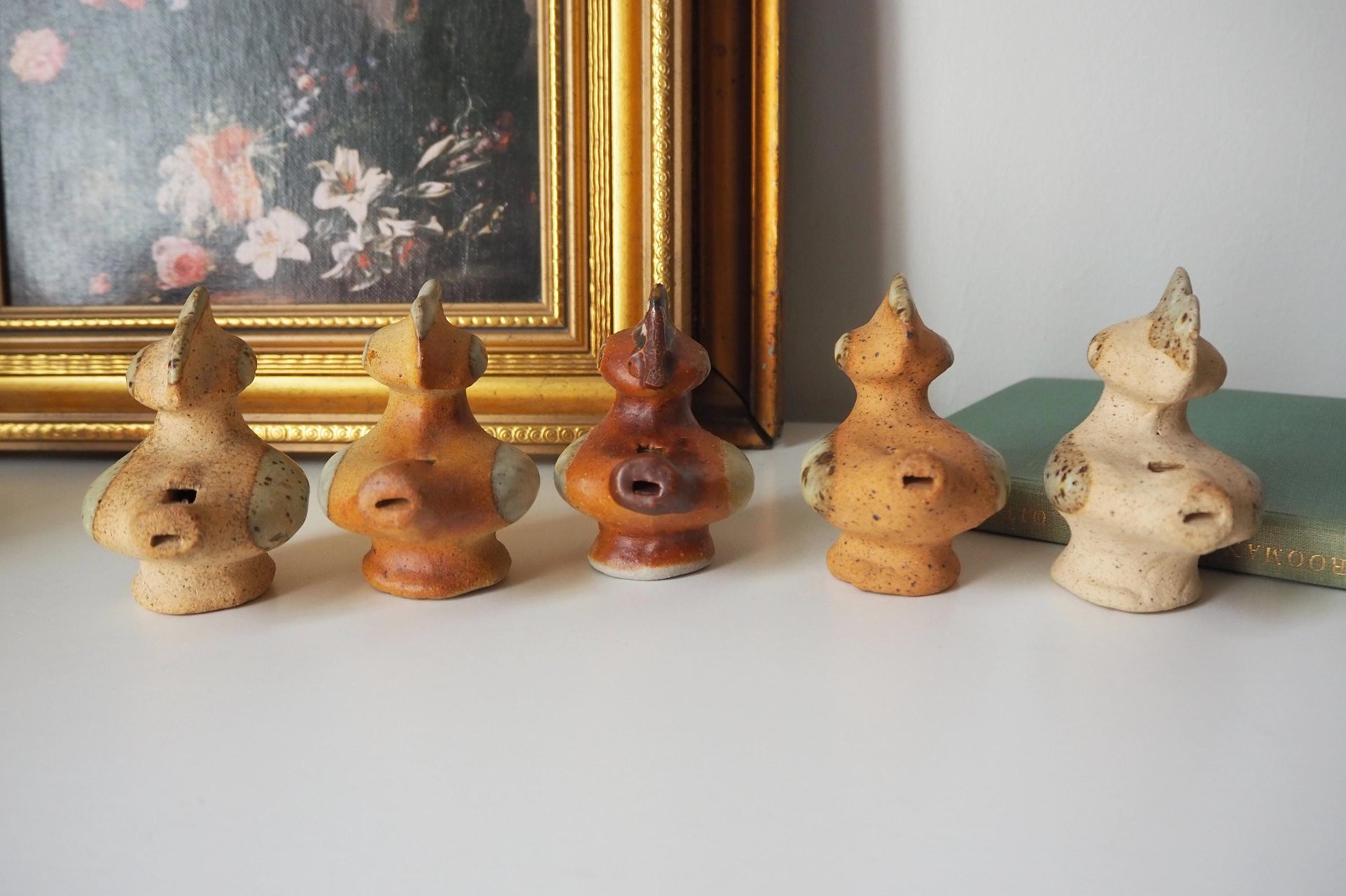 Vintage bird whistle set | Ceramic bird whistles | Set of five vintage bird whistles | Made in Finland | Finnish bird whistles