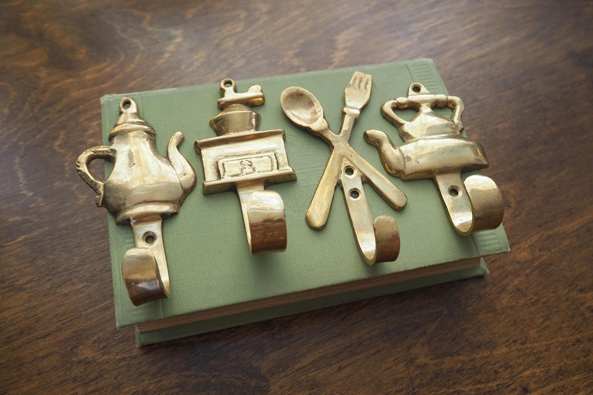 Vintage brass wall hooks | Set of four brass wall hooks | Small brass wall hooks | Kitchen wall hooks | Mismatched brass wall hooks
