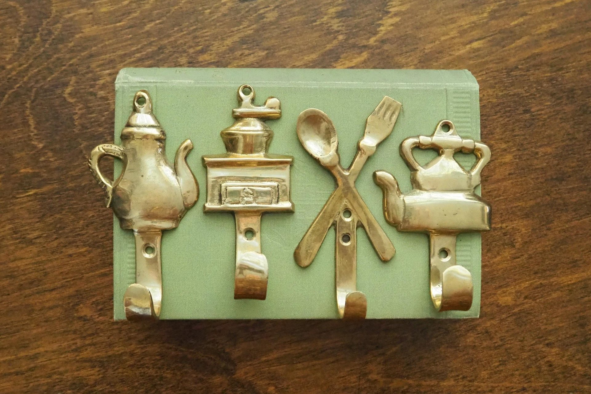 Vintage brass wall hooks | Set of four brass wall hooks | Small brass wall hooks | Kitchen wall hooks | Mismatched brass wall hooks