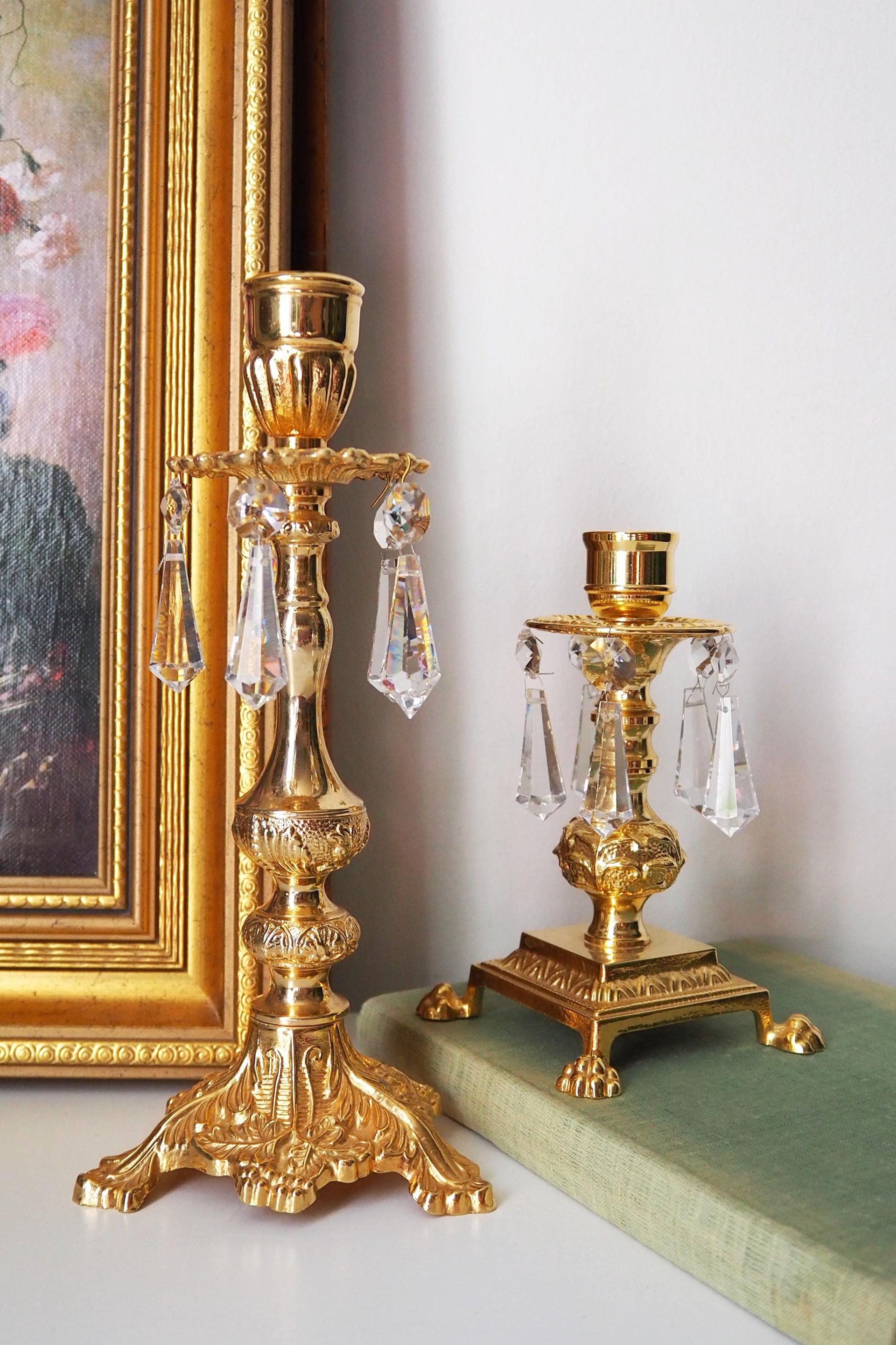 Vintage candlestick holders | Gold plated crystal candlestick holders | Mismatched vintage candlestick holders | Crystal candlestick holder