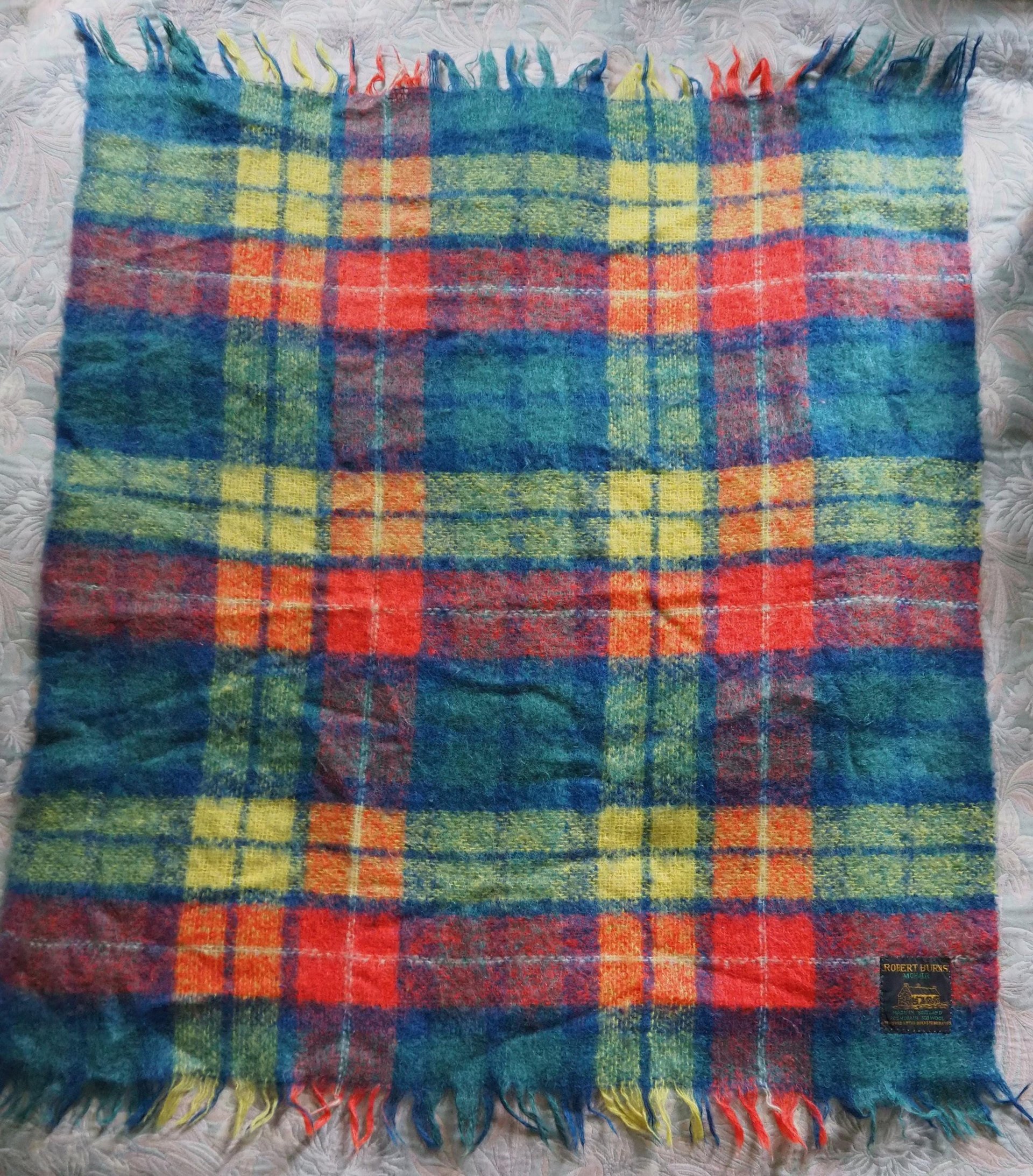 Vintage Robert Burns mohair and wool throw | Mohair plaid blanket | Made in Scotland | Small vintage mohair blanket | Vintage wool shawl