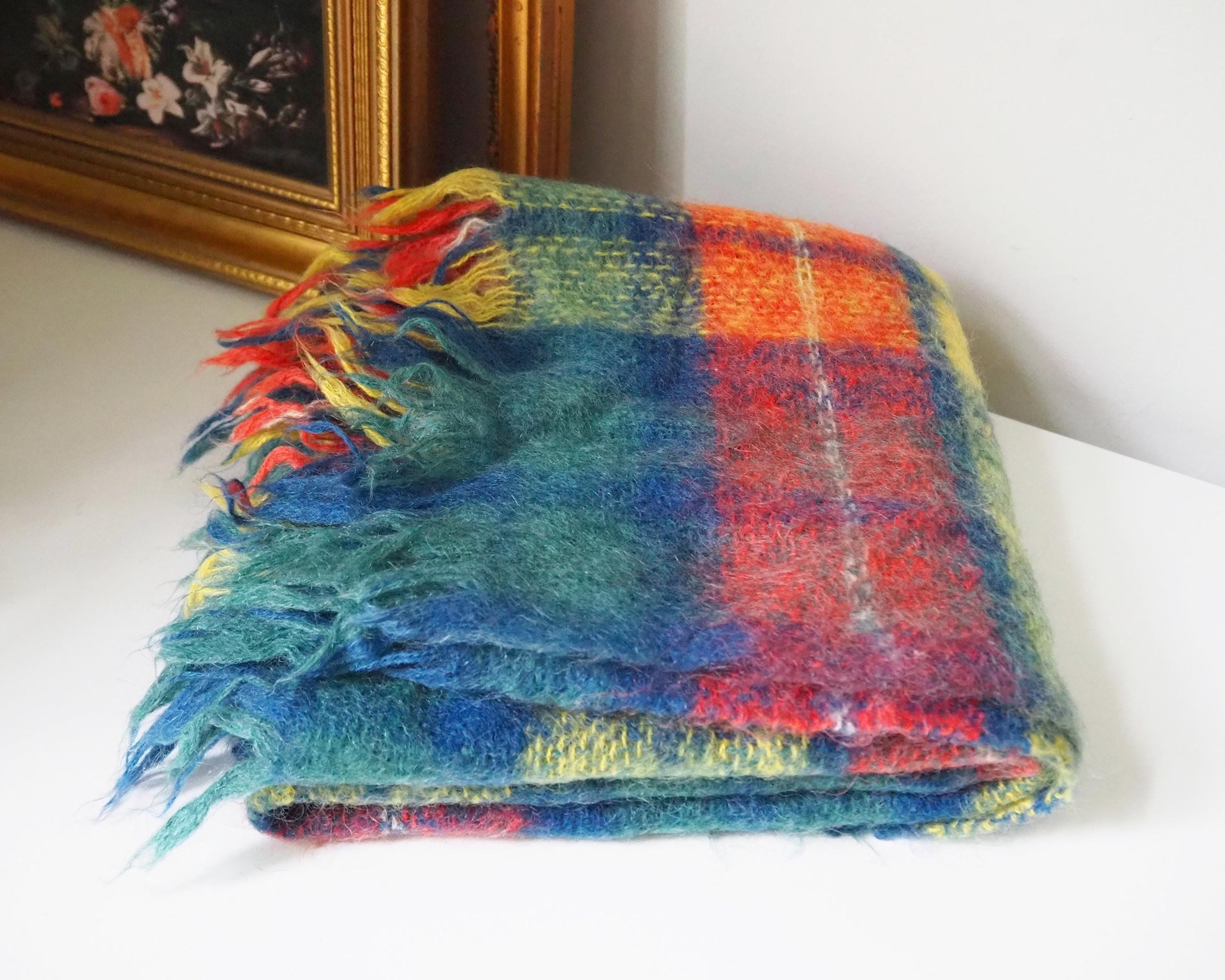 Vintage Robert Burns mohair and wool throw | Mohair plaid blanket | Made in Scotland | Small vintage mohair blanket | Vintage wool shawl
