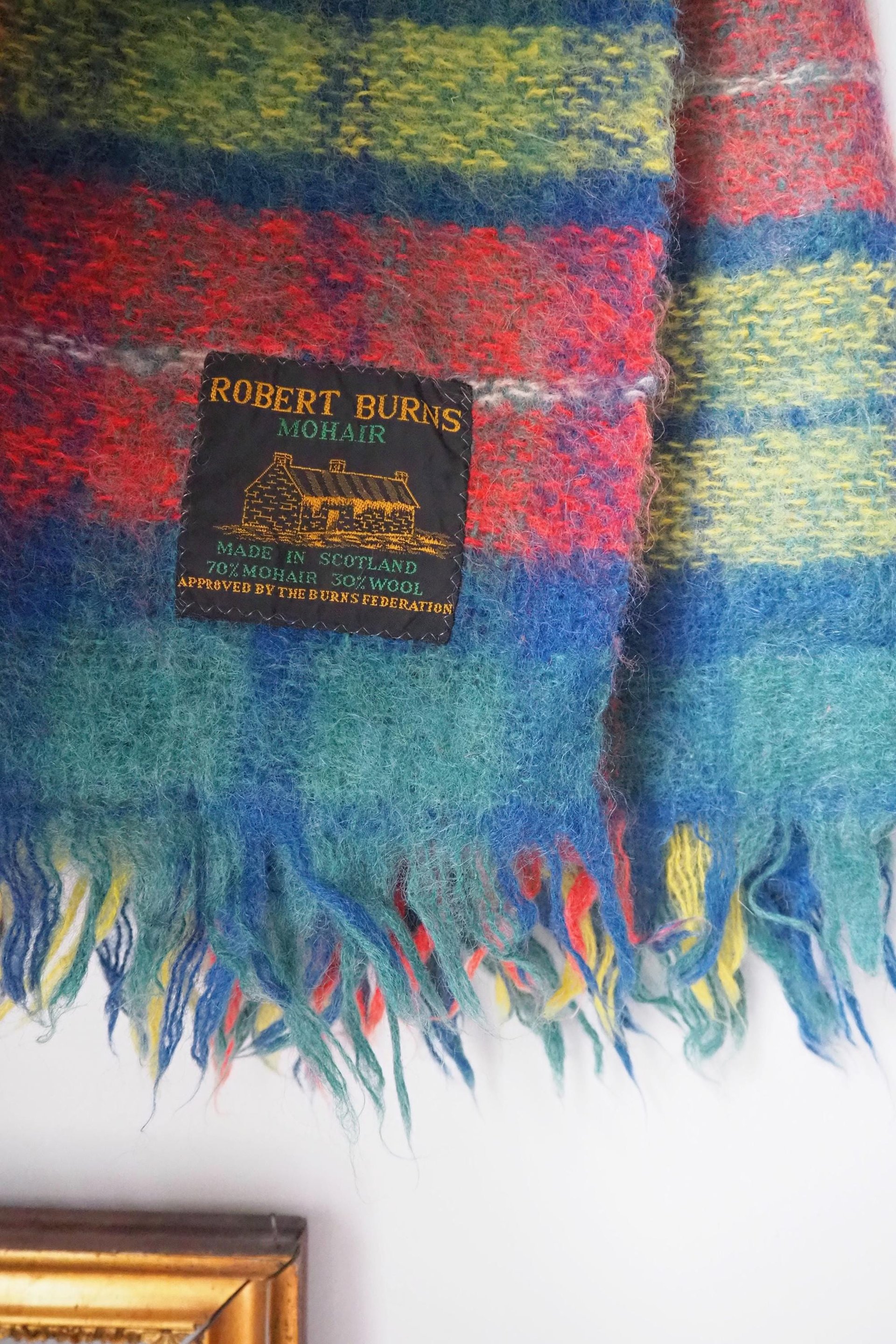 Vintage Robert Burns mohair and wool throw | Mohair plaid blanket | Made in Scotland | Small vintage mohair blanket | Vintage wool shawl