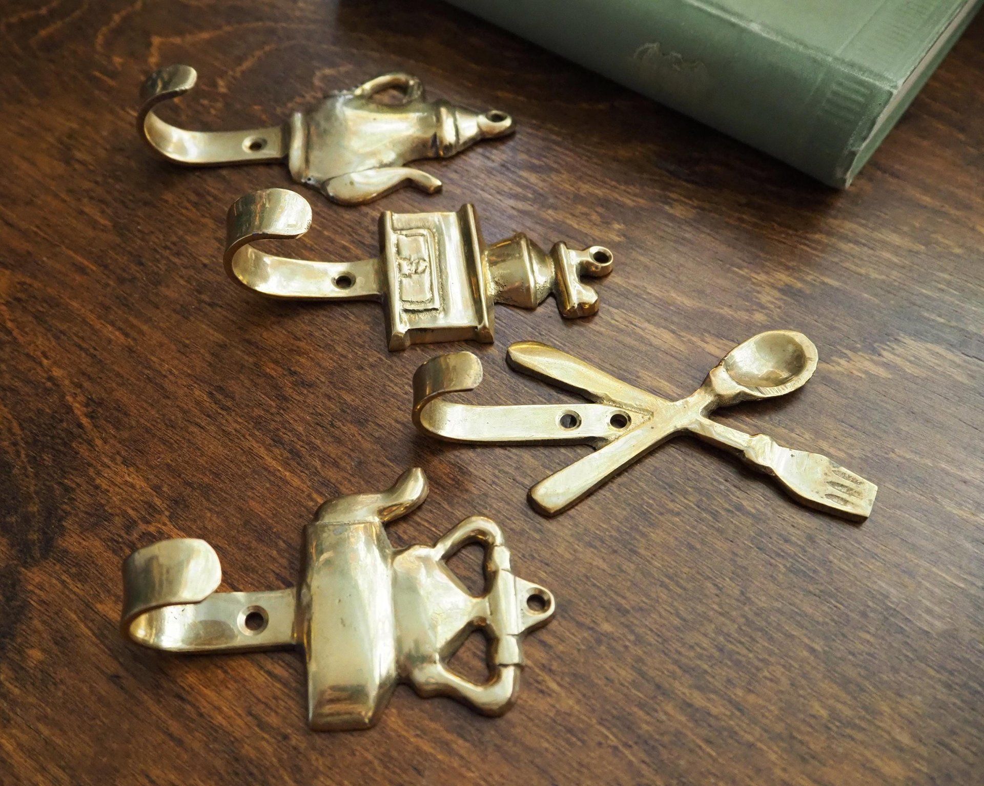 Vintage brass wall hooks | Set of four brass wall hooks | Small brass wall hooks | Kitchen wall hooks | Mismatched brass wall hooks