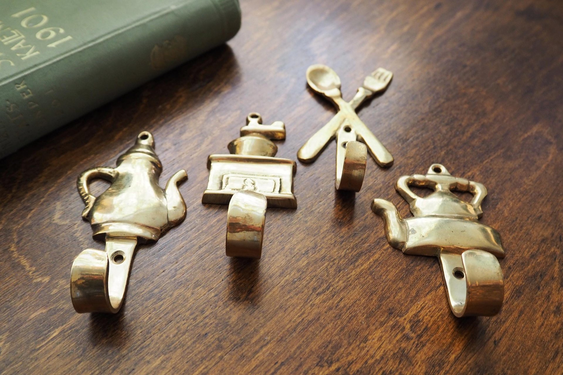 Vintage brass wall hooks | Set of four brass wall hooks | Small brass wall hooks | Kitchen wall hooks | Mismatched brass wall hooks