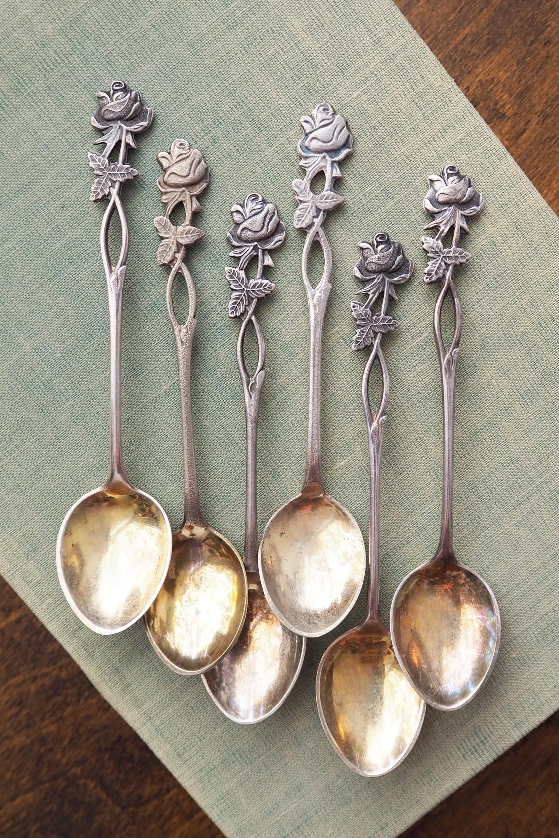 Set of six vintage teaspoons | Vintage alpacca silver teaspoons | Vintage teaspoons | Rose teaspoon set | Vintage alpacca teaspoons