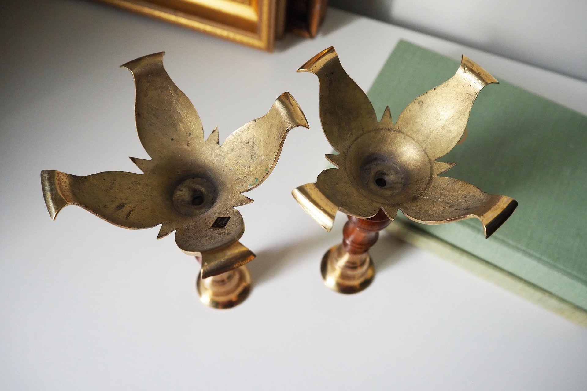 Pair of vintage candlestick holders | Brass and wood candlesticks | Vintage brass and wood candlestick holders