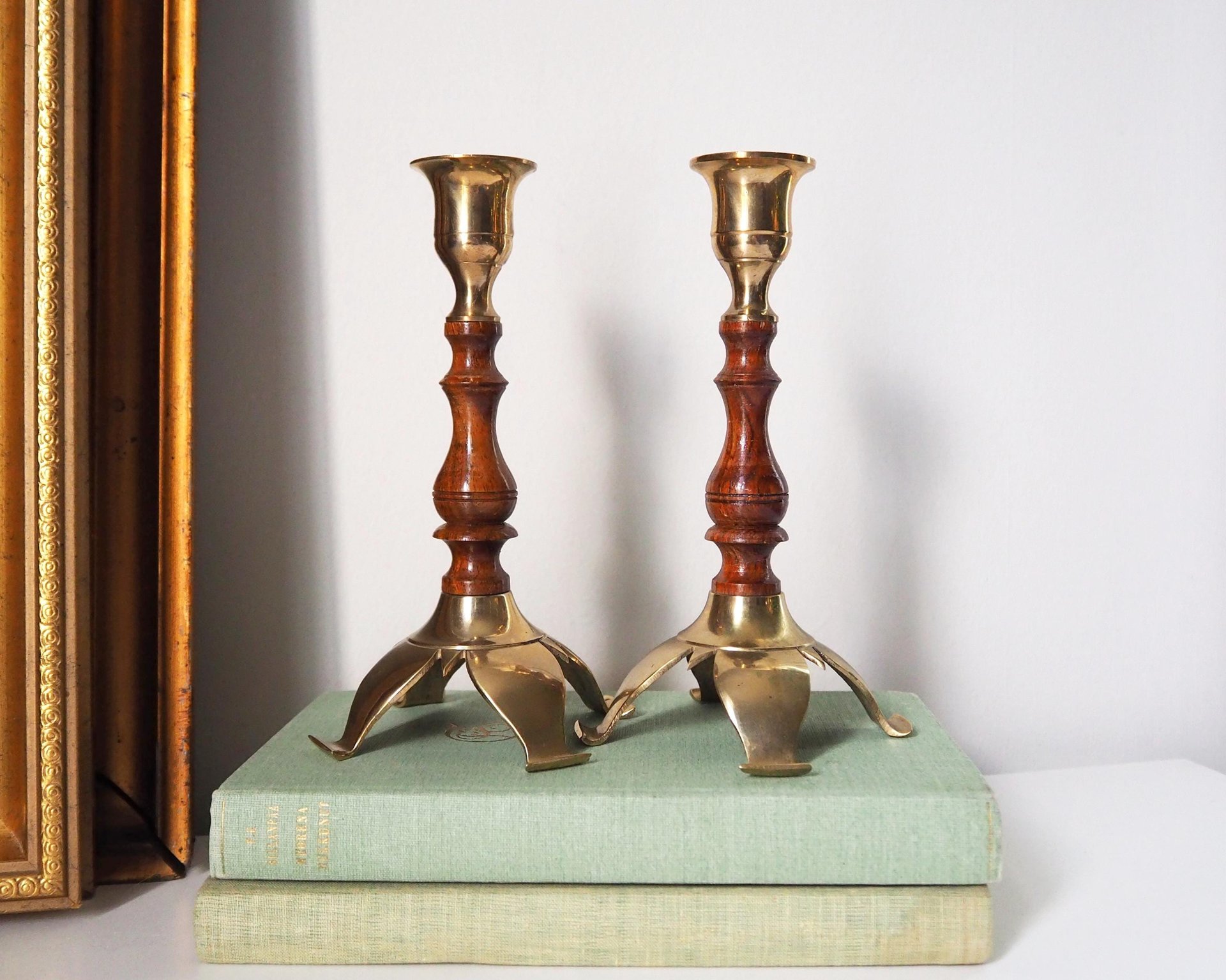 Pair of vintage candlestick holders | Brass and wood candlesticks | Vintage brass and wood candlestick holders