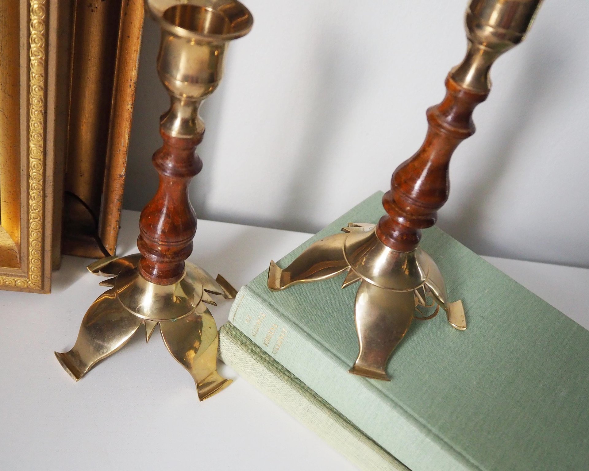 Pair of vintage candlestick holders | Brass and wood candlesticks | Vintage brass and wood candlestick holders