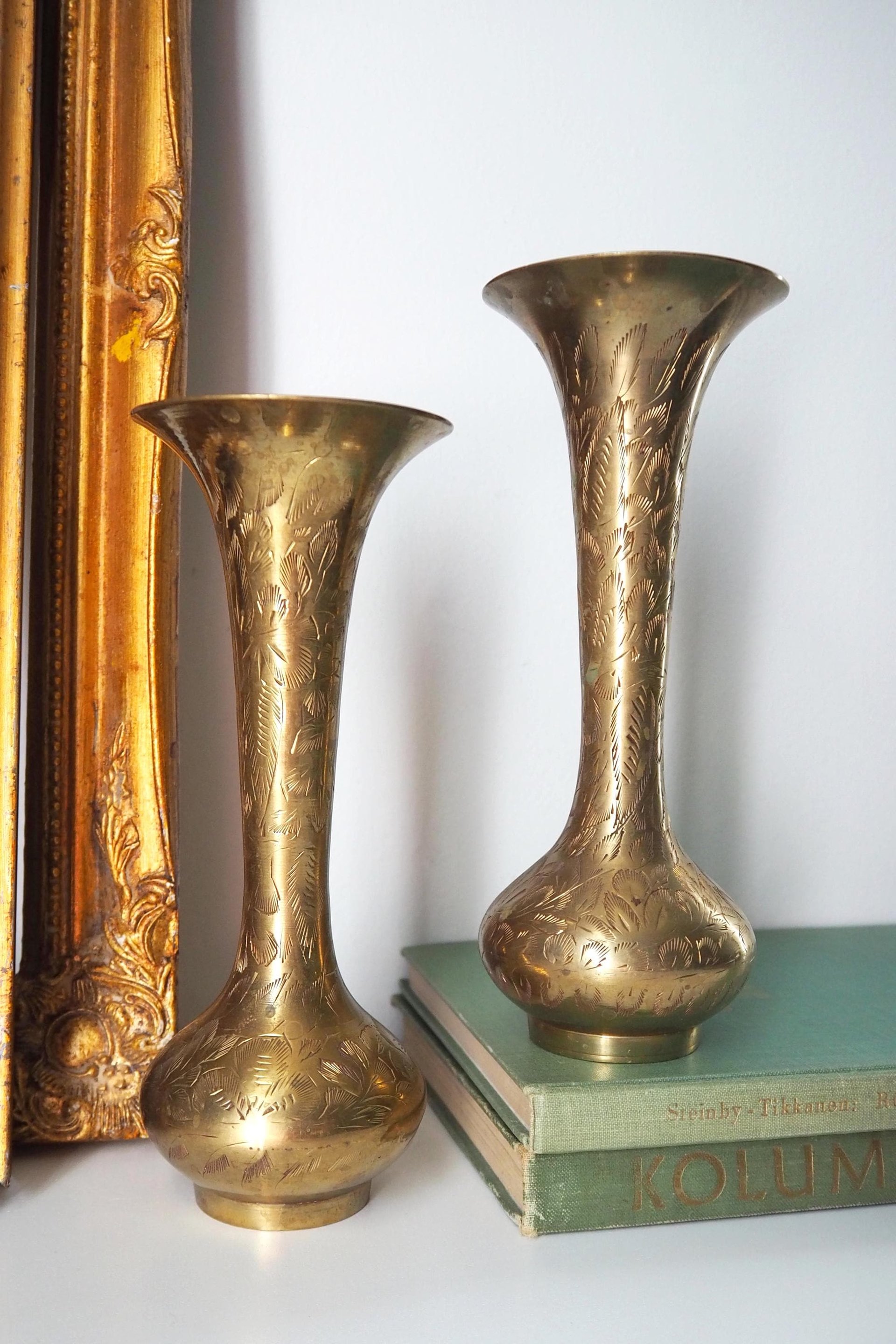 Set of two vintage brass vases | Small brass vases | Vintage bud vase | Vintage single flower vases | Etched brass vases | Brass home decor