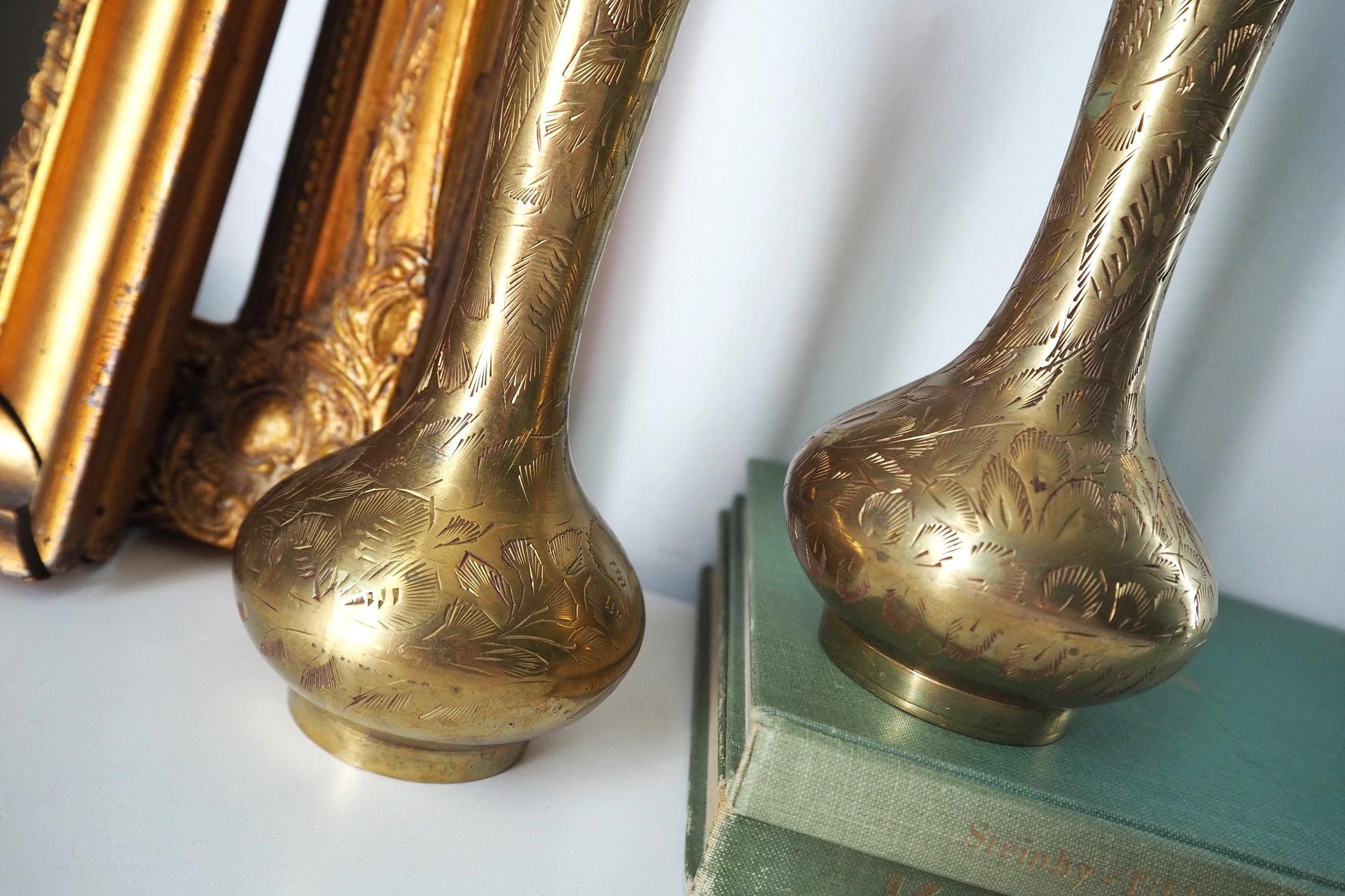 Set of two vintage brass vases | Small brass vases | Vintage bud vase | Vintage single flower vases | Etched brass vases | Brass home decor