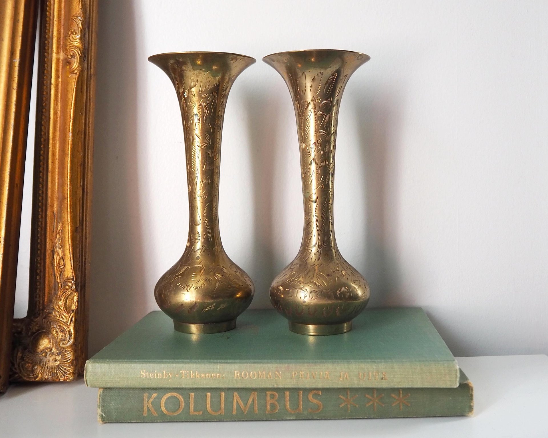 Set of two vintage brass vases | Small brass vases | Vintage bud vase | Vintage single flower vases | Etched brass vases | Brass home decor