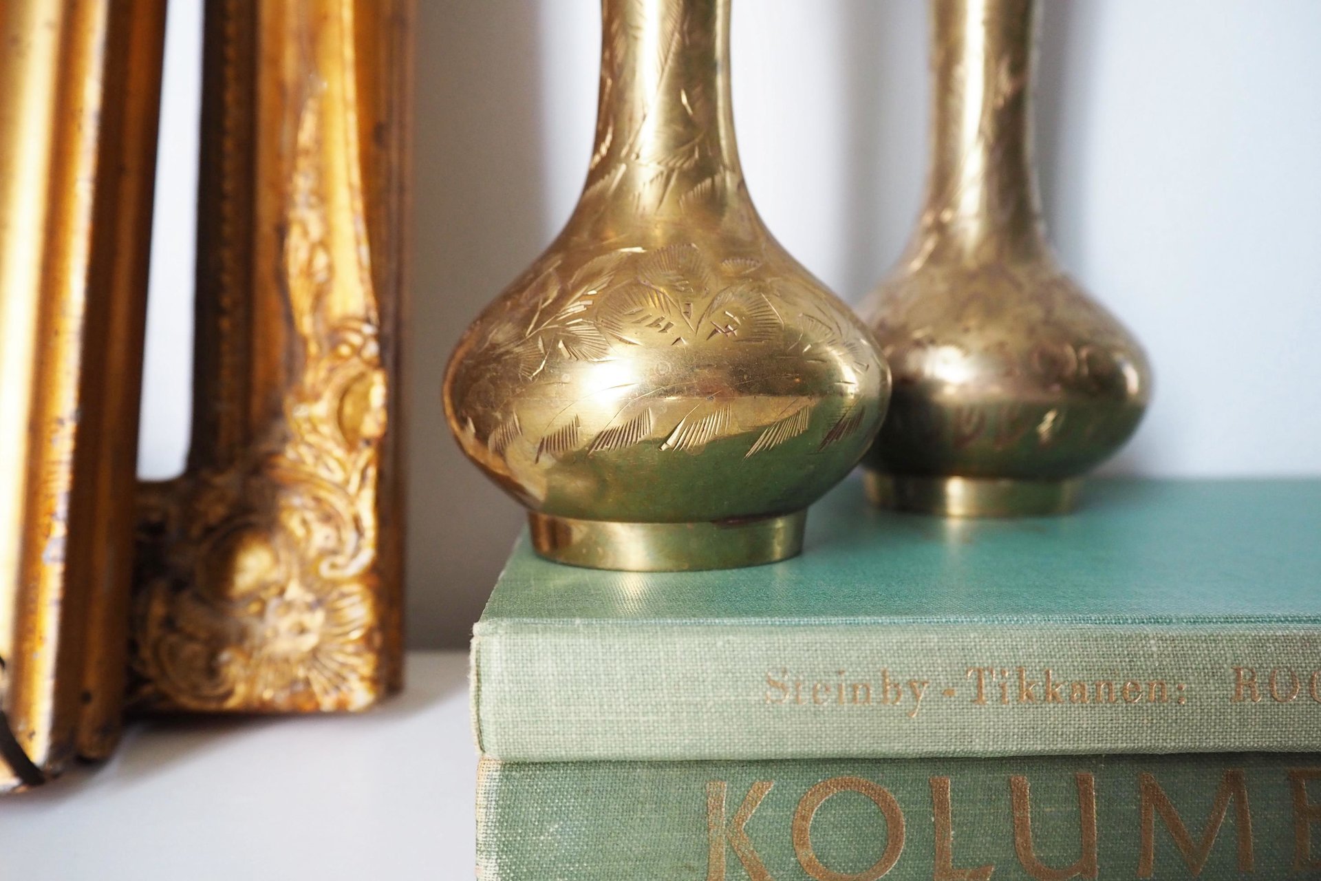 Set of two vintage brass vases | Small brass vases | Vintage bud vase | Vintage single flower vases | Etched brass vases | Brass home decor