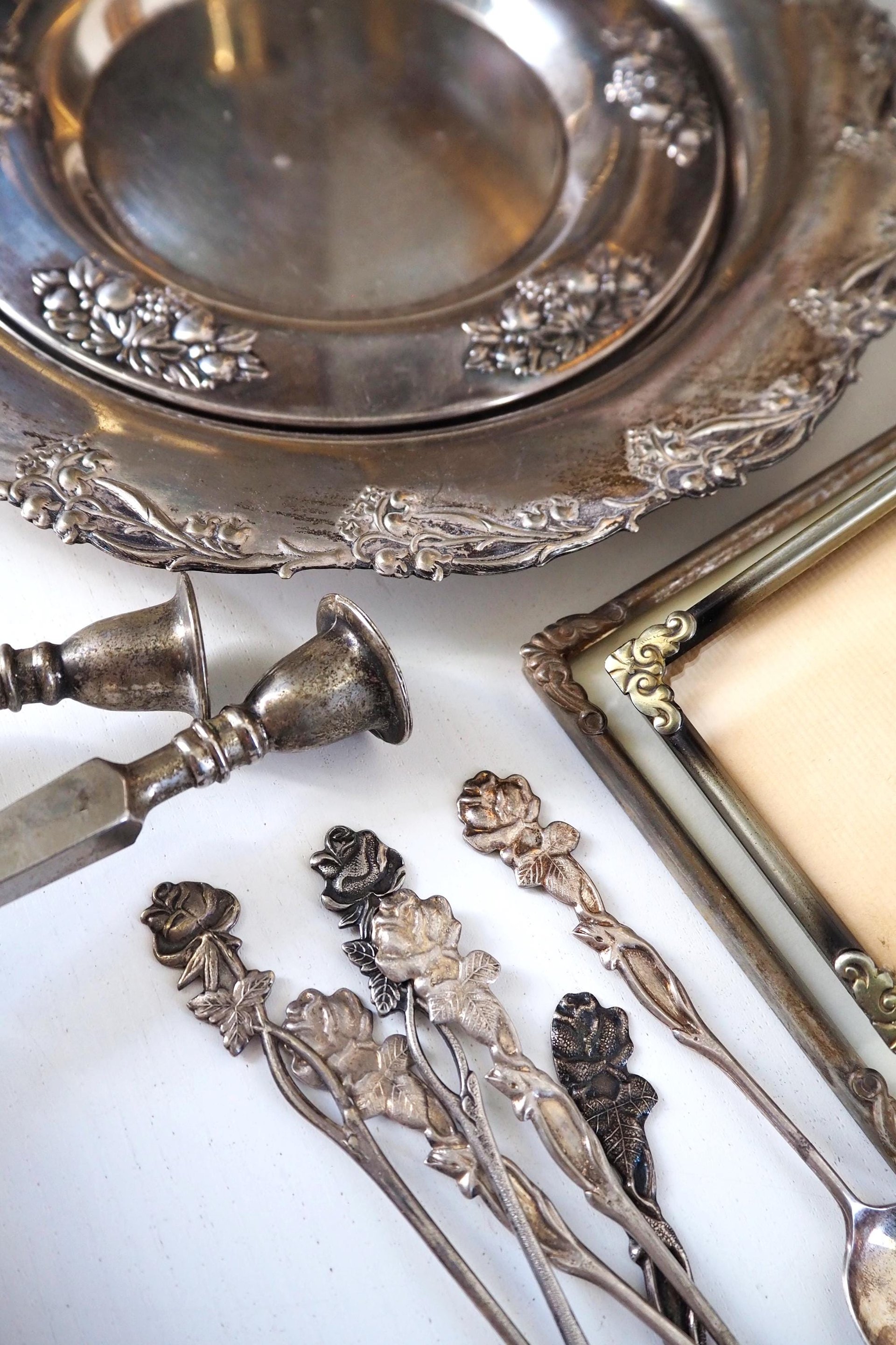 Vintage silver plated home decor set | Alpacca silver spoons and plates | Vintage home accessories | Candlestick holders and photo frames