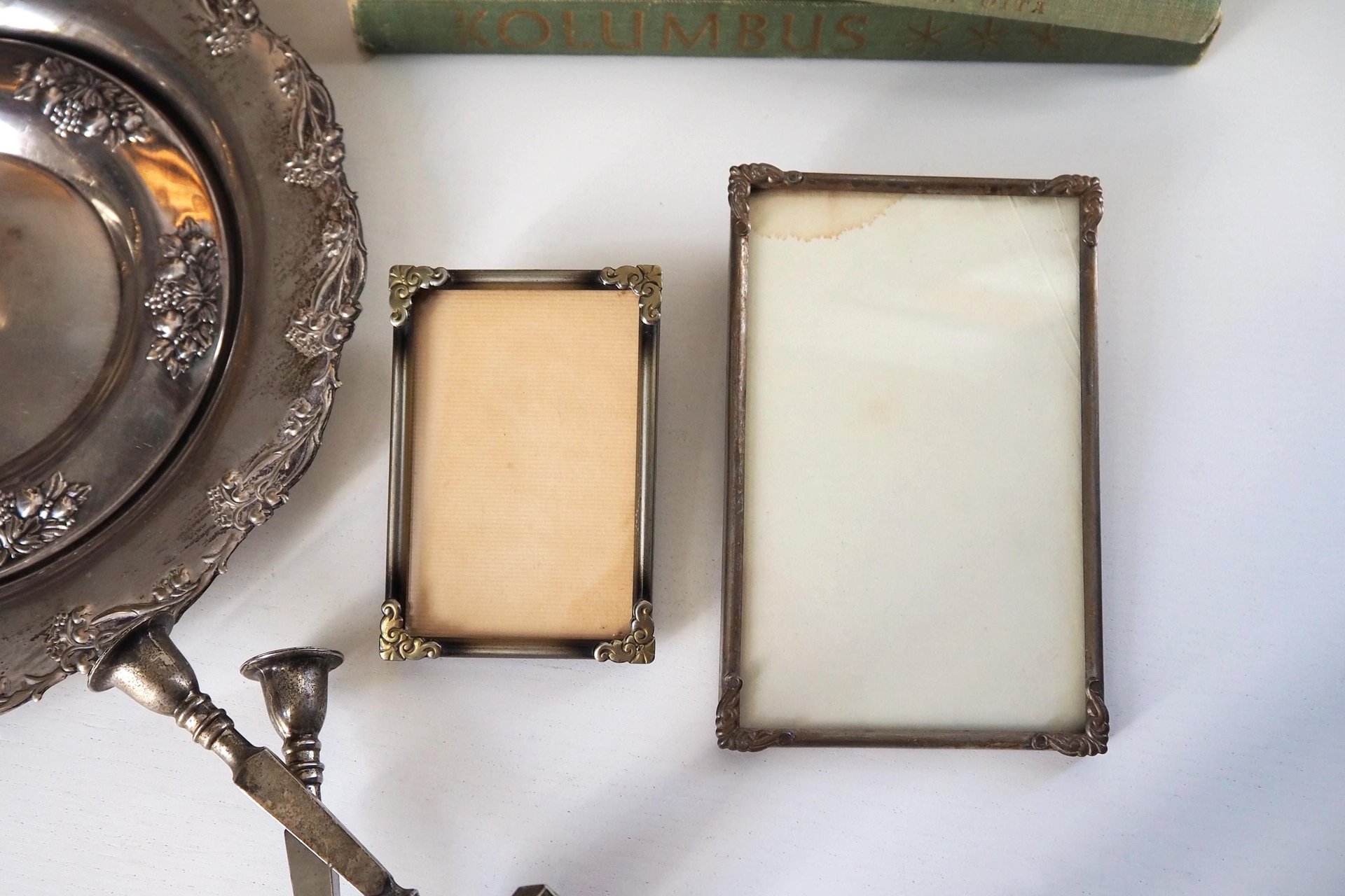 Vintage silver plated home decor set | Alpacca silver spoons and plates | Vintage home accessories | Candlestick holders and photo frames