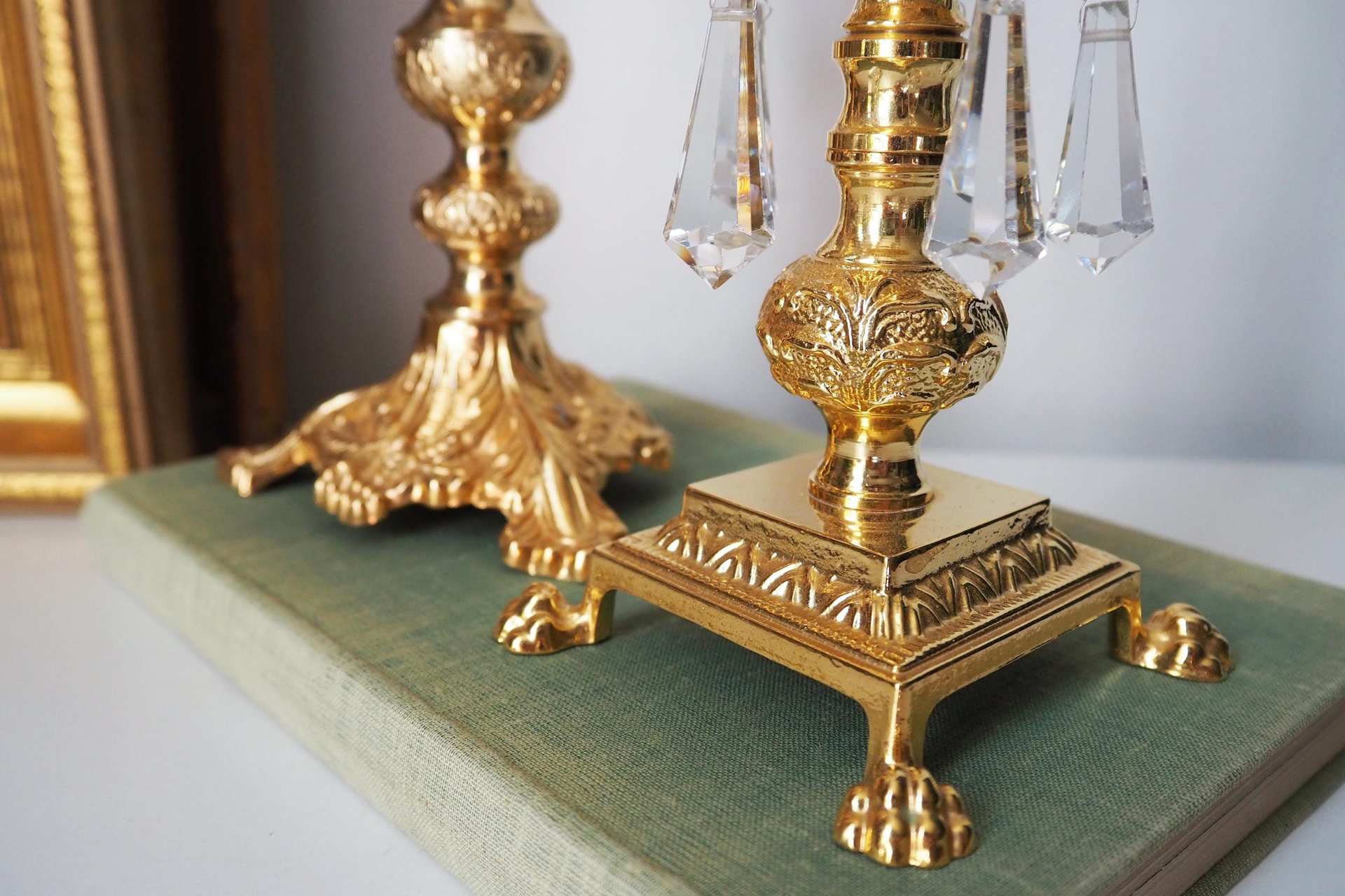 Vintage candlestick holders | Gold plated crystal candlestick holders | Mismatched vintage candlestick holders | Crystal candlestick holder