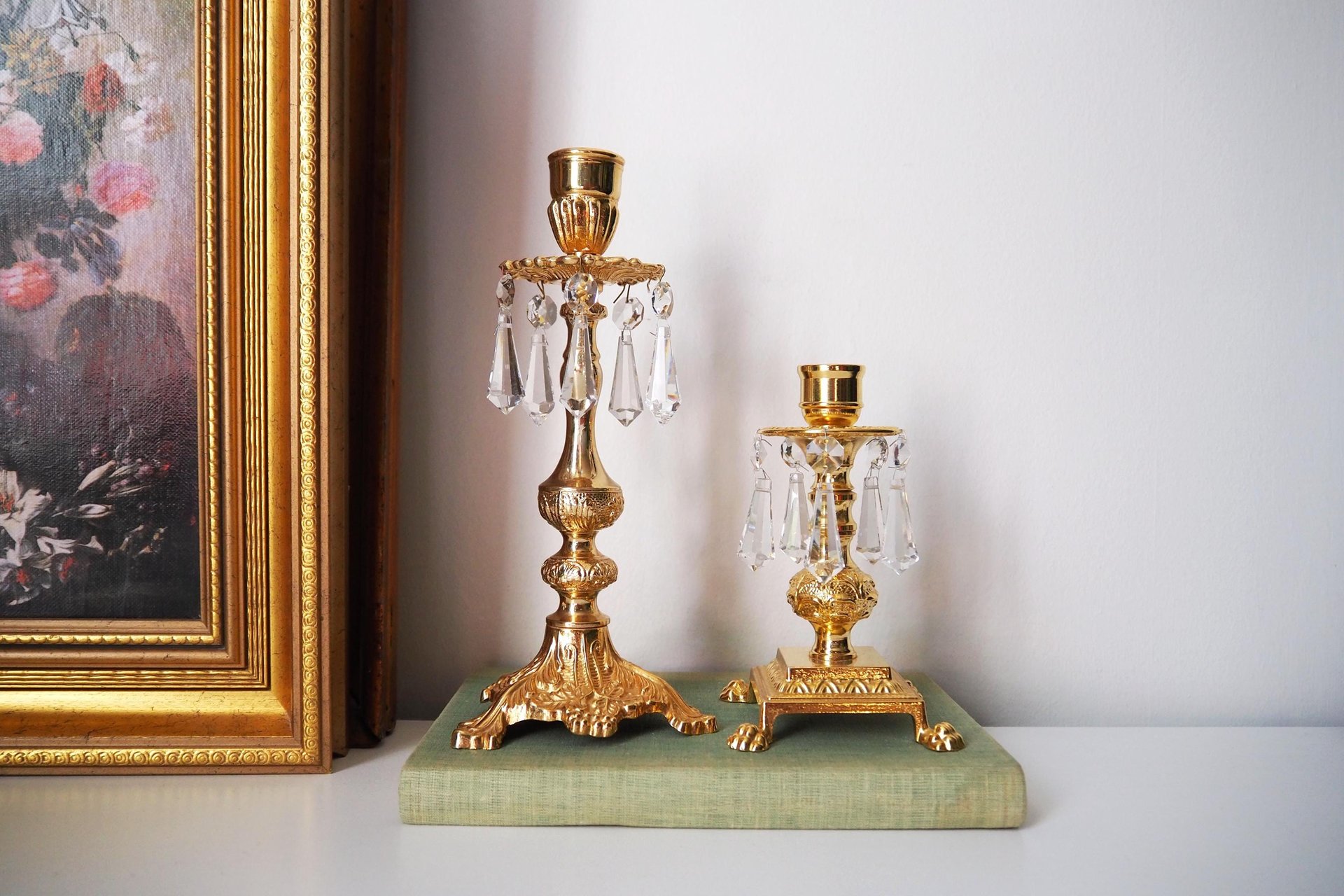 Vintage candlestick holders | Gold plated crystal candlestick holders | Mismatched vintage candlestick holders | Crystal candlestick holder